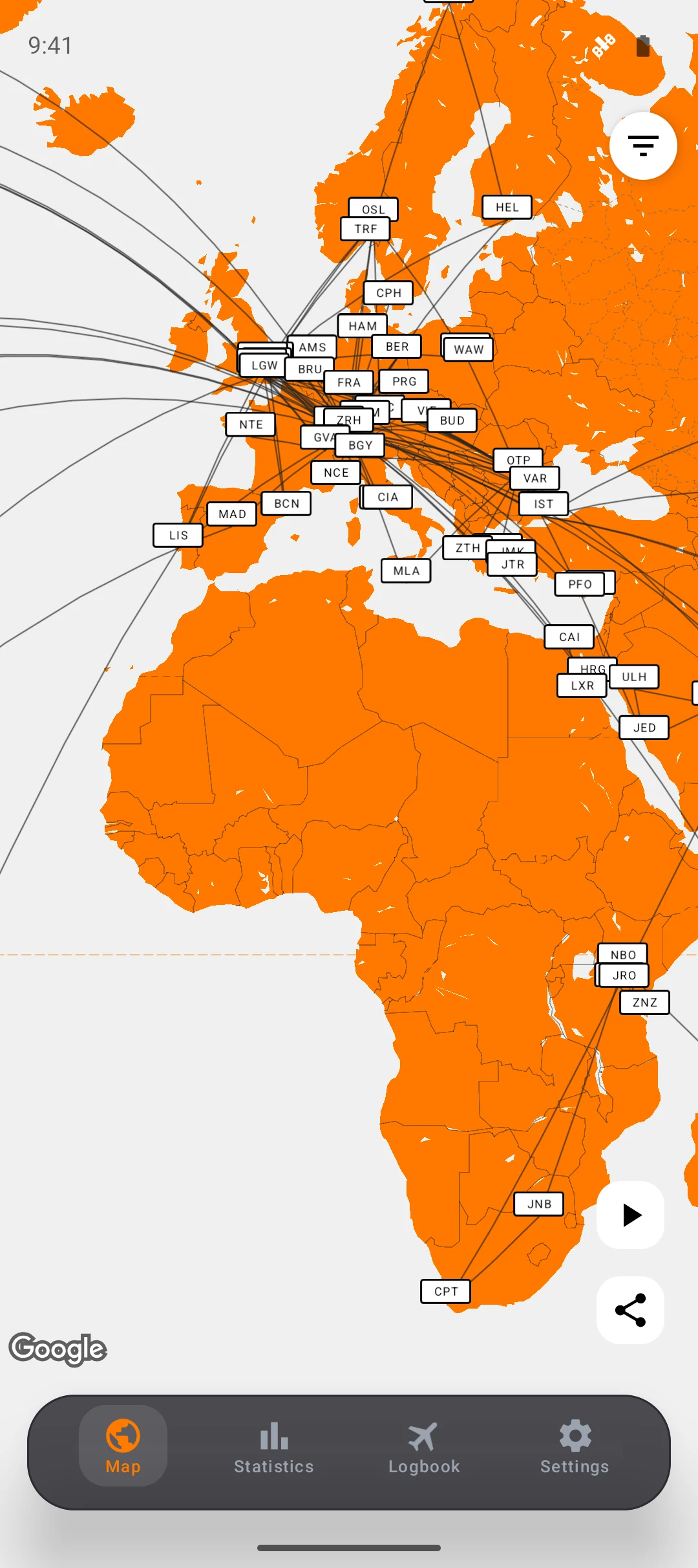 Flight routes connecting airports on the map