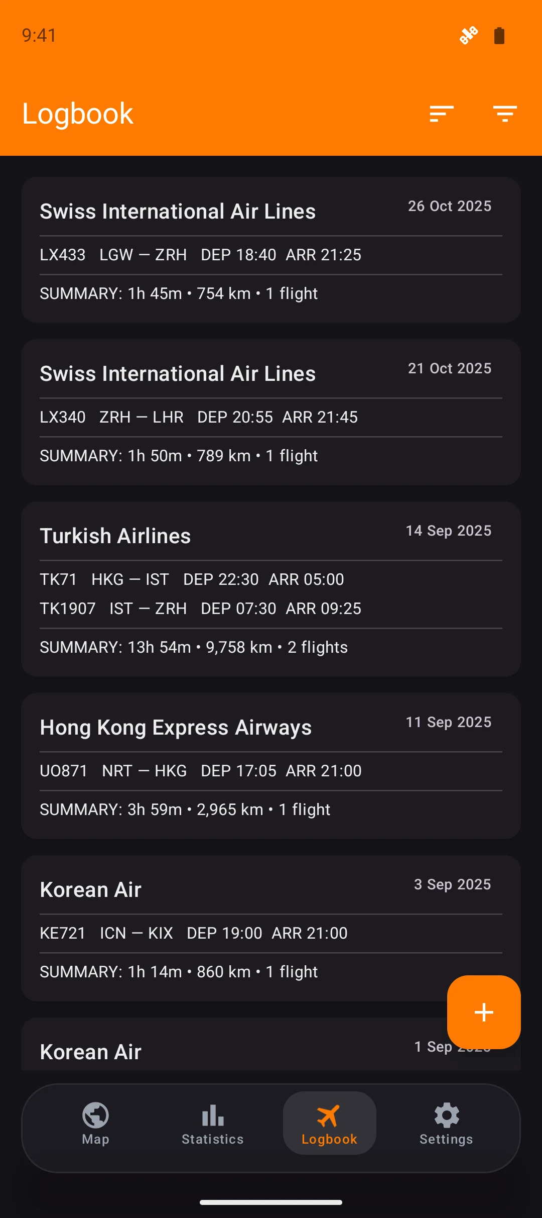 Flight logbook with Swiss and Turkish Airlines journeys